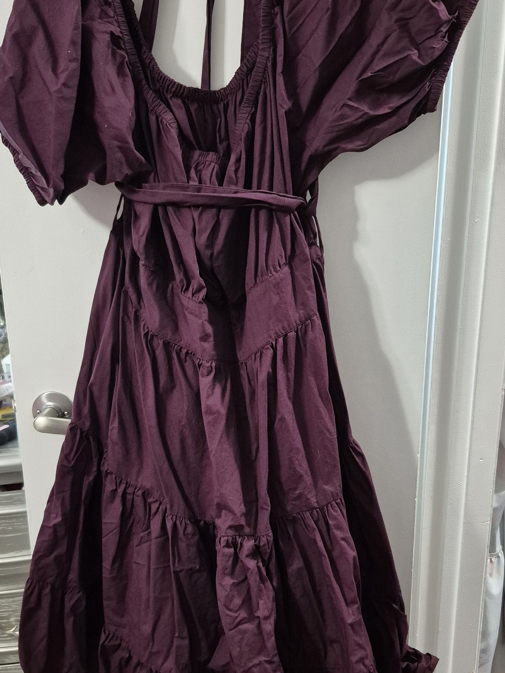 eshakti Puff-Sleeve Tiered Midi Dress in Deep Plum